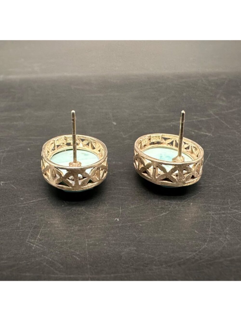 Vintage Sterling Silver Turquoise Oval Earrings Filigree Western Boho Festival - Picture 7 of 12